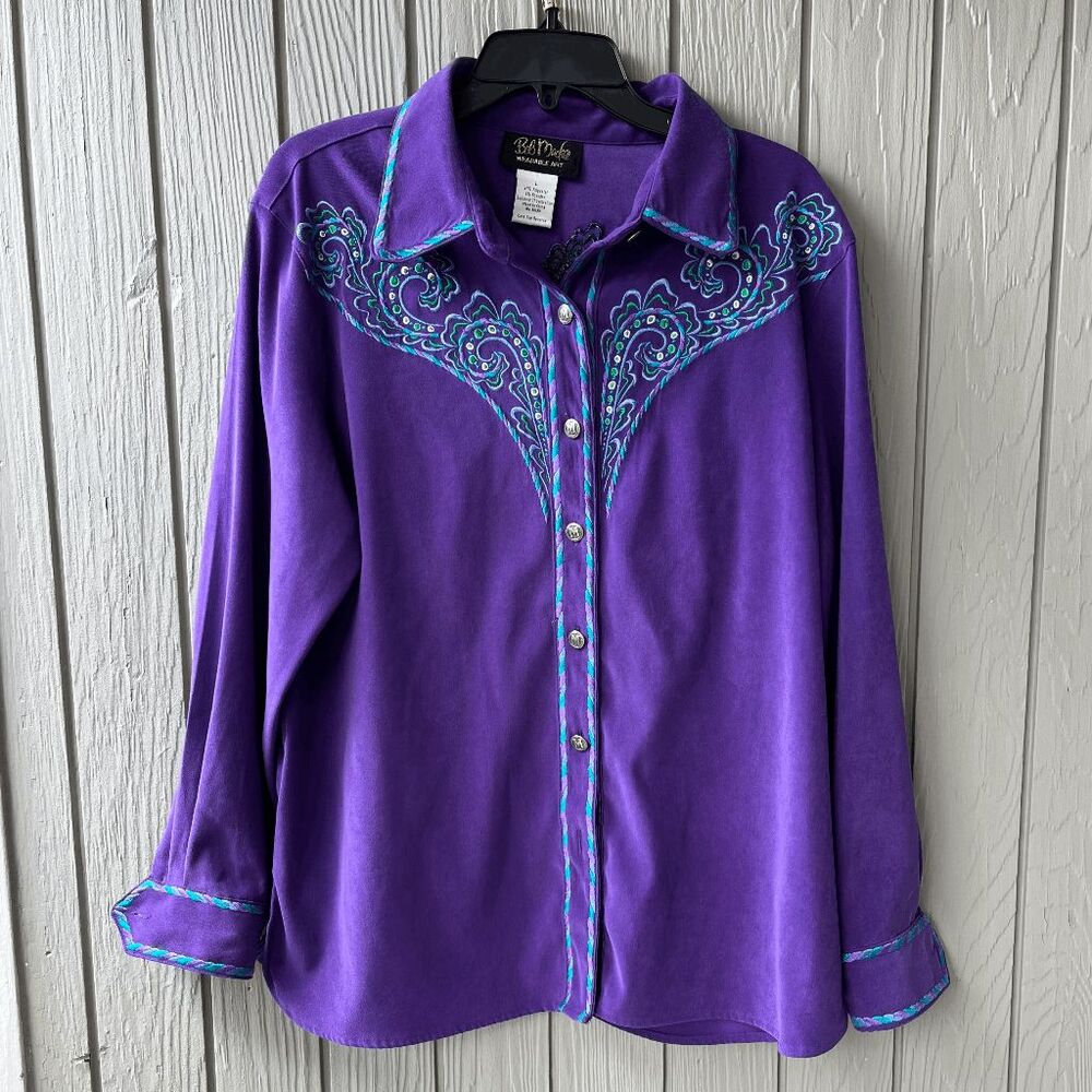 Bob Mackie Purple Button-Down Shirt with Teal Embroidery
